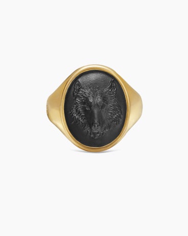 Petrvs® Wolf Signet Ring in 18K Yellow Gold with Black Onyx, 21.5mm