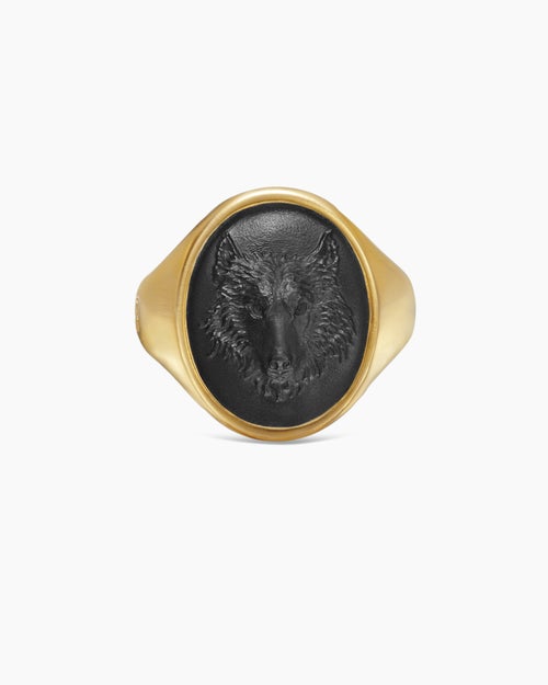 Mens Petrvs® Wolf Signet Ring in 18K Yellow Gold with Black Onyx, 21.5mm