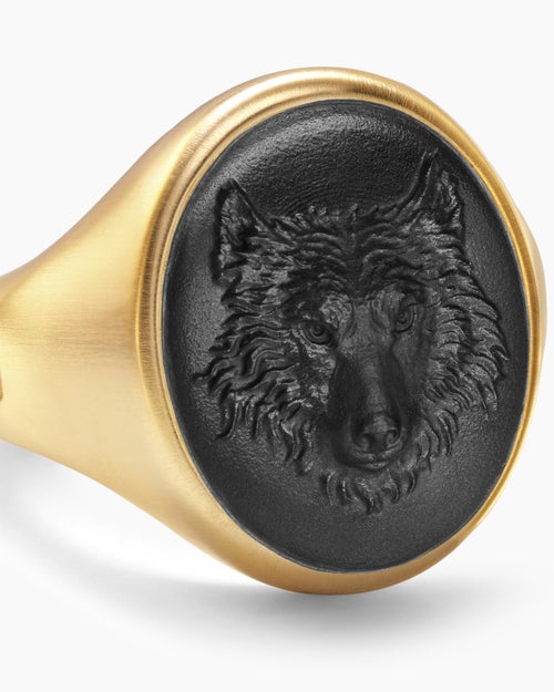 Mens Petrvs® Wolf Signet Ring in 18K Yellow Gold with Black Onyx, 21.5mm
