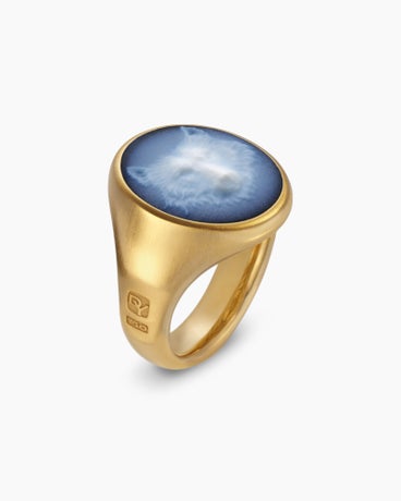 Petrvs® Wolf Signet Ring in 18K Yellow Gold with Banded Agate, 21.5mm