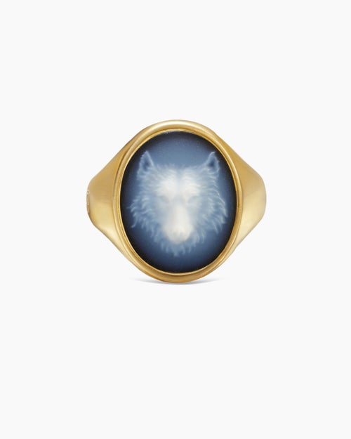 Mens Petrvs® Wolf Signet Ring in 18K Yellow Gold with Banded Agate, 21.5mm