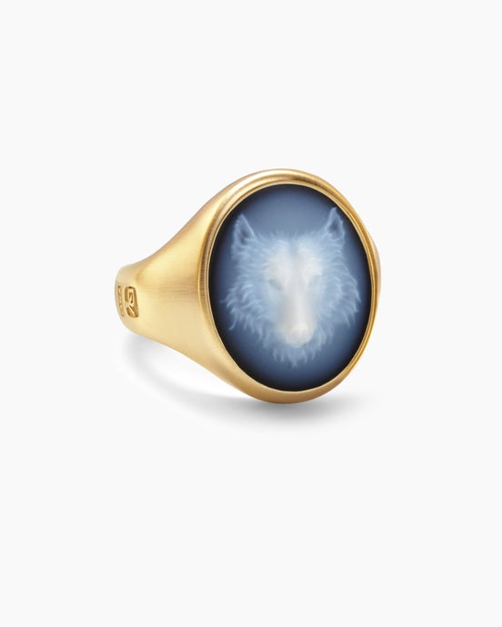 Petrvs® Wolf Signet Ring in 18K Yellow Gold with Banded Agate, 21.5mm