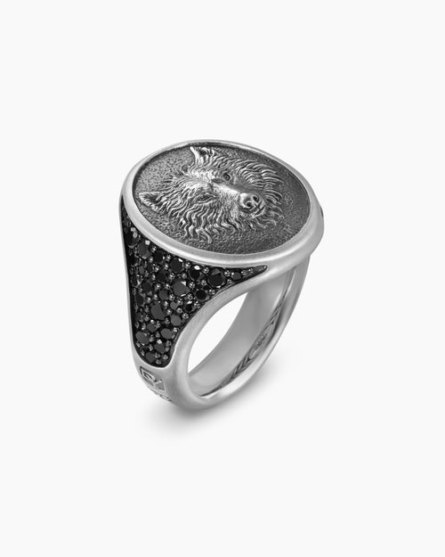 Mens Petrvs® Wolf Signet Ring in Sterling Silver with Black Diamonds, 21.5mm