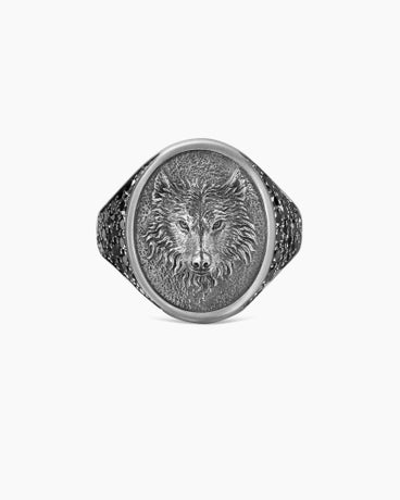 Petrvs® Wolf Signet Ring in Sterling Silver with Black Diamonds, 21.5mm