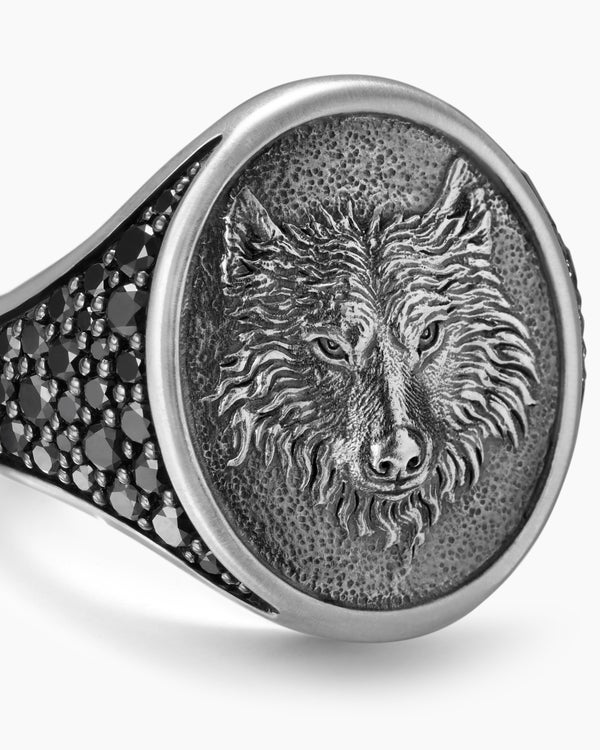 Petrvs® Wolf Signet Ring in Sterling Silver with Black Diamonds, 21.5mm