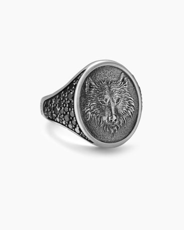 Petrvs® Wolf Signet Ring in Sterling Silver with Black Diamonds, 21.5mm