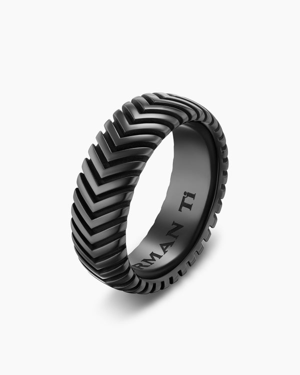 Chevron Band Ring in Sterling Silver with Black Diamonds, 8mm