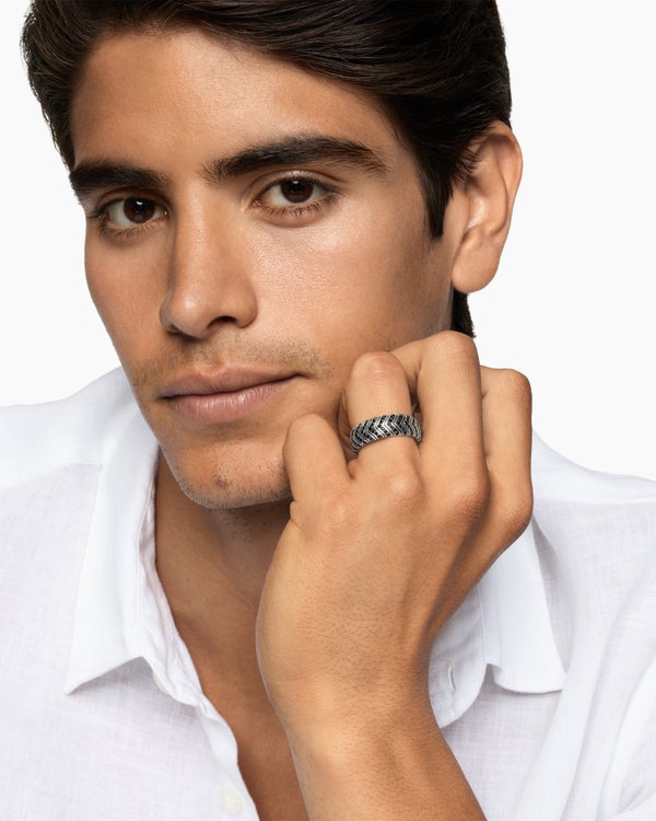 Chevron Band Ring in Sterling Silver with Black Diamonds, 8mm