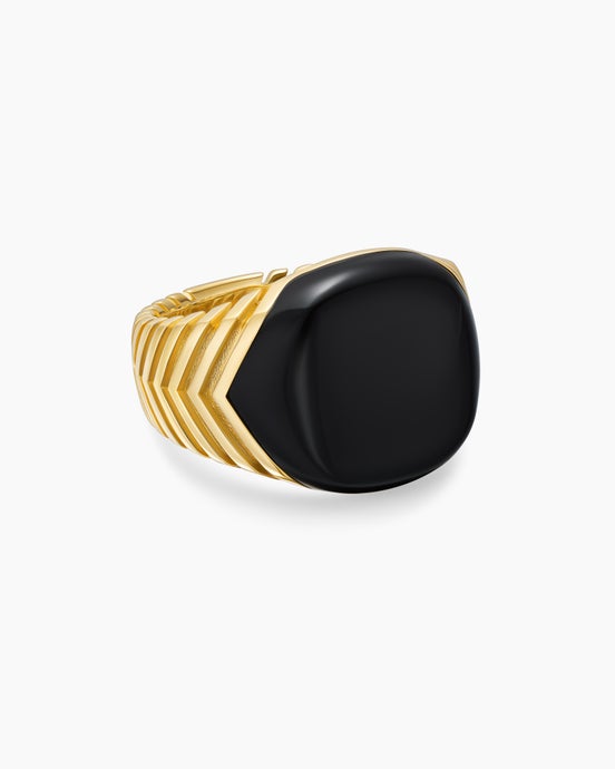 Chevron Signet Ring in 18K Yellow Gold with Black Onyx, 18mm