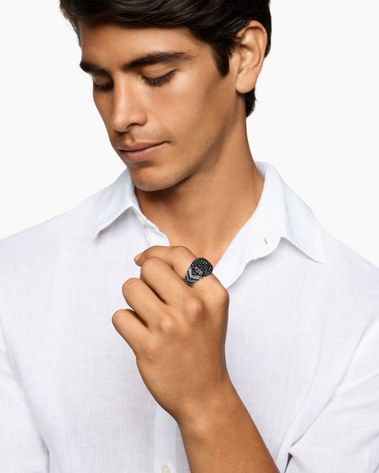 Chevron Signet Ring in Sterling Silver with Black Diamonds, 18mm