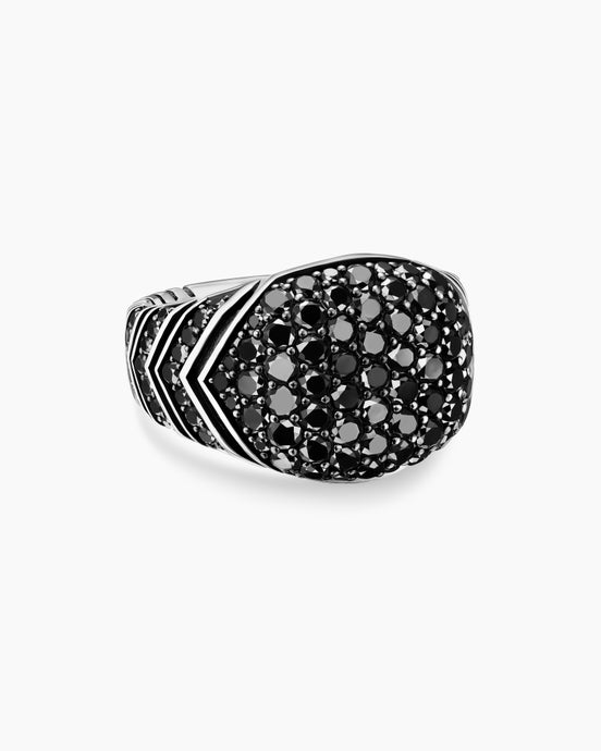 Chevron Signet Ring in Sterling Silver with Black Diamonds, 18mm