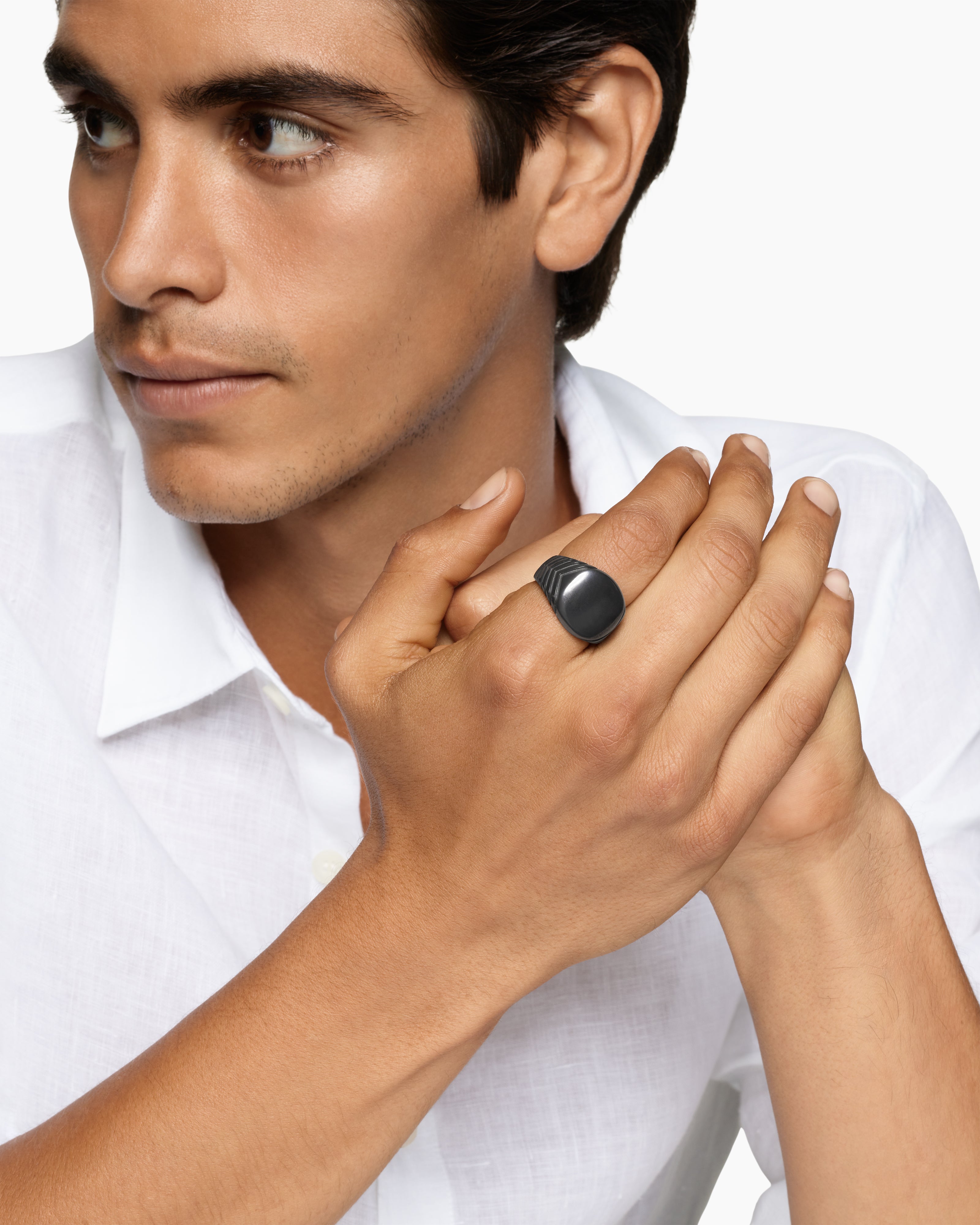 David Yurman Chevron Signet Ring in Black Titanium, 18mm WORLDWIDE DELIVERY