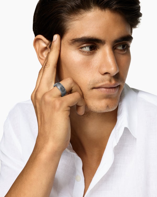 Chevron Band Ring in Sterling Silver with Black Diamonds, 10mm