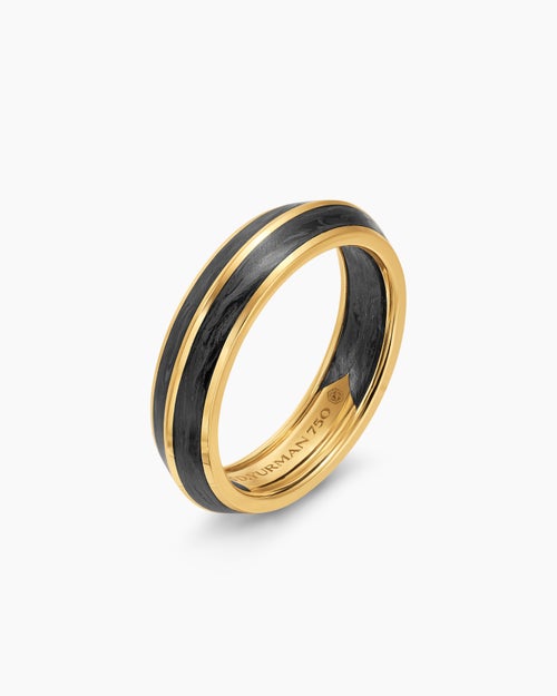 Mens Knife Edge Band Ring in 18K Yellow Gold with Forged Carbon, 6mm