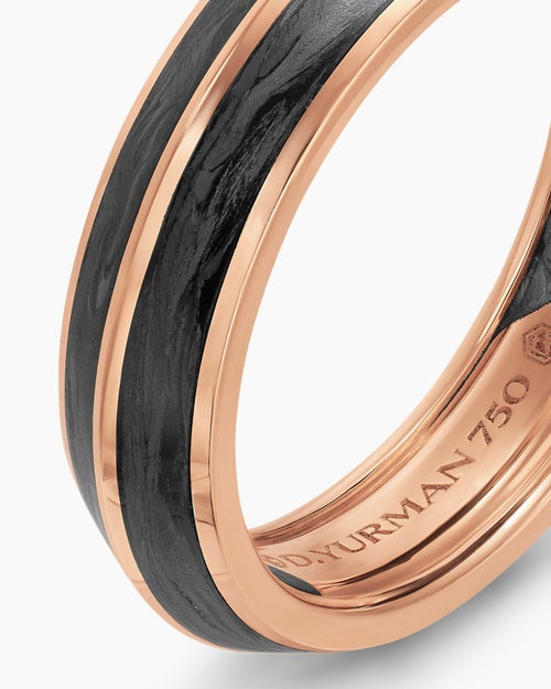 Mens Knife Edge Band Ring in 18K Rose Gold with Forged Carbon, 6mm