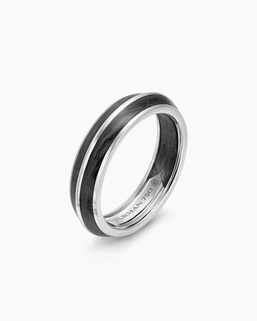 Mens Knife Edge Band Ring in 18K White Gold with Forged Carbon, 6mm