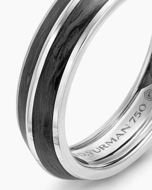 Mens Knife Edge Band Ring in 18K White Gold with Forged Carbon, 6mm