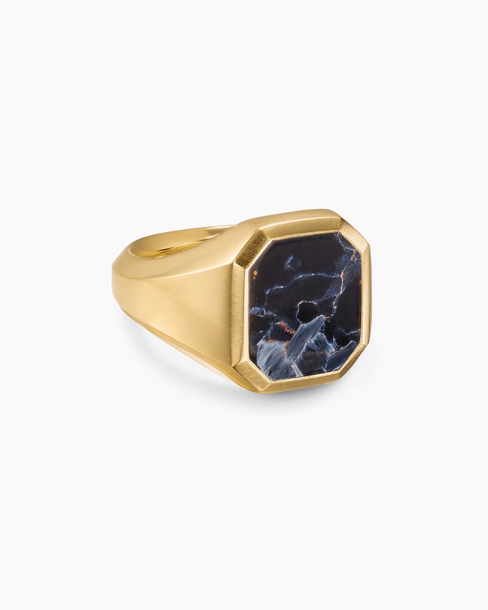 Mens Streamline® Signet Ring in 18K Yellow Gold with Pietersite, 18mm