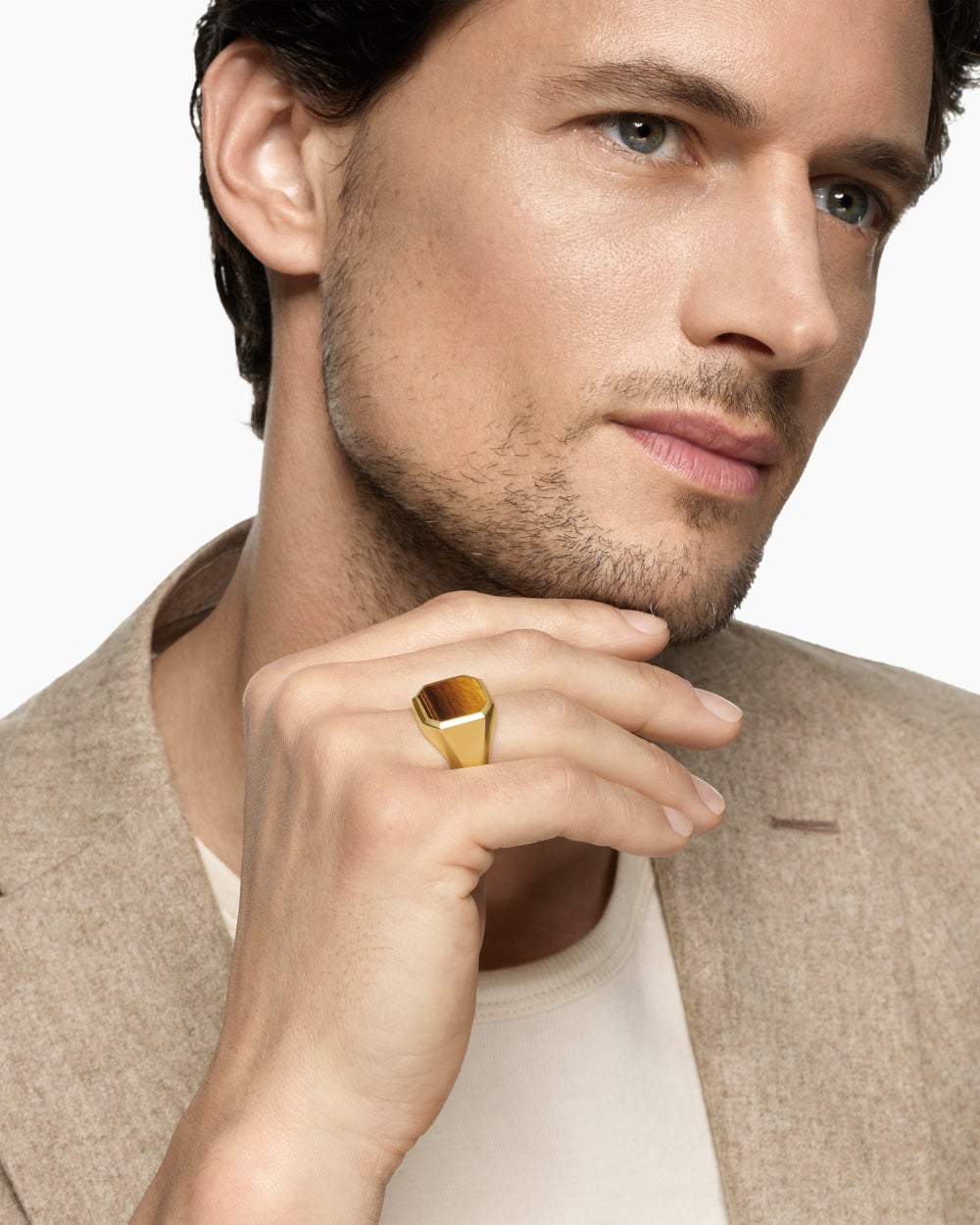Mens Streamline® Signet Ring in 18K Yellow Gold with Tiger's Eye, 18mm