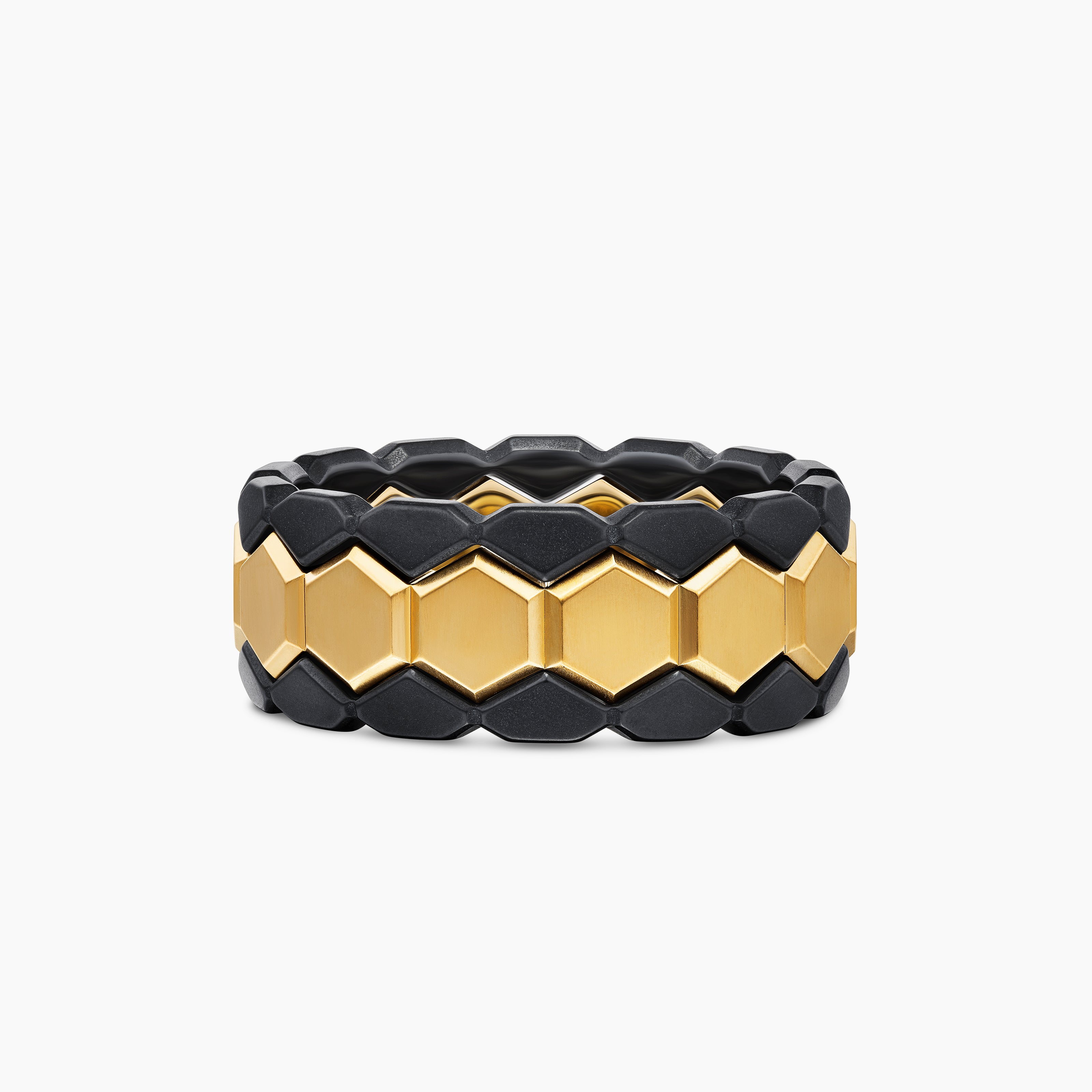 Mens Hex Stack Ring in 18K Yellow Gold with Black Titanium, 9.3mm