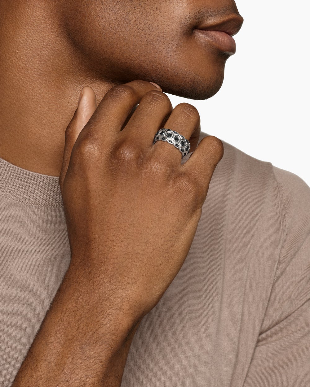 Mens Hex Stack Ring in Sterling Silver, 9.3mm
