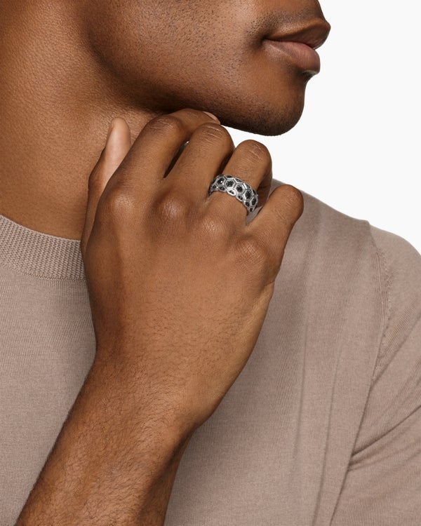 Hex Stack Ring in Sterling Silver with Black Diamonds, 9.3mm