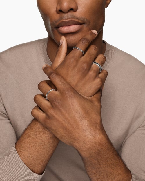 Mens Hex Stack Ring in Sterling Silver with Black Diamonds, 9.3mm