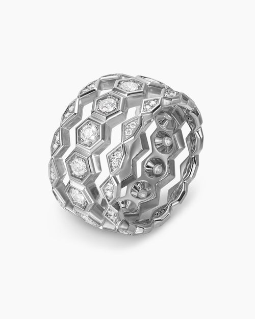Mens Hex Stack Ring in Sterling Silver with Diamonds, 9.3mm