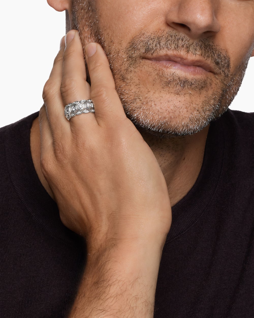 Mens Hex Stack Ring in Sterling Silver, 9.3mm