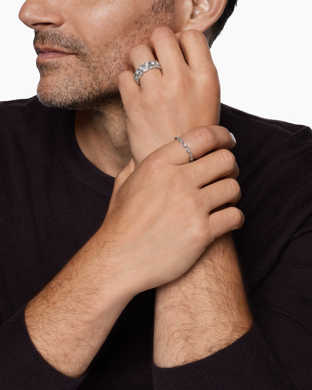 Mens Hex Stack Ring in Sterling Silver, 9.3mm
