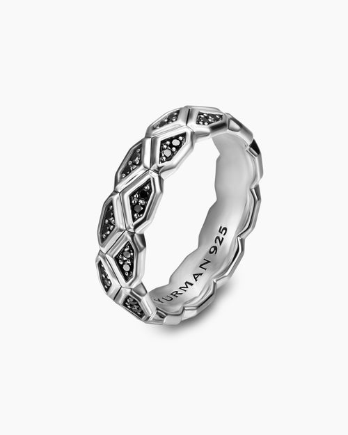 Mens Hex Band Ring in Sterling Silver with Black Diamonds, 6mm