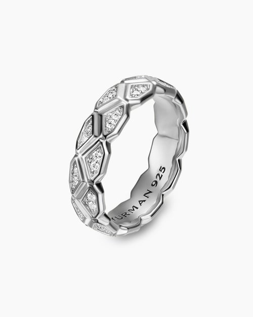 Mens Hex Band Ring in Sterling Silver with Diamonds, 6mm