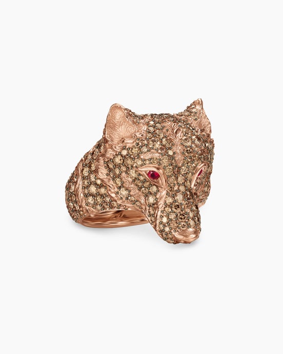 Petrvs® Wolf Signet Ring in 18K Rose Gold with Rubies and Cognac Diamonds, 25mm