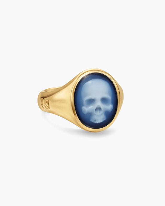 Memento Mori Skull Ring in 18K Yellow Gold with Banded Agate, 18.6mm