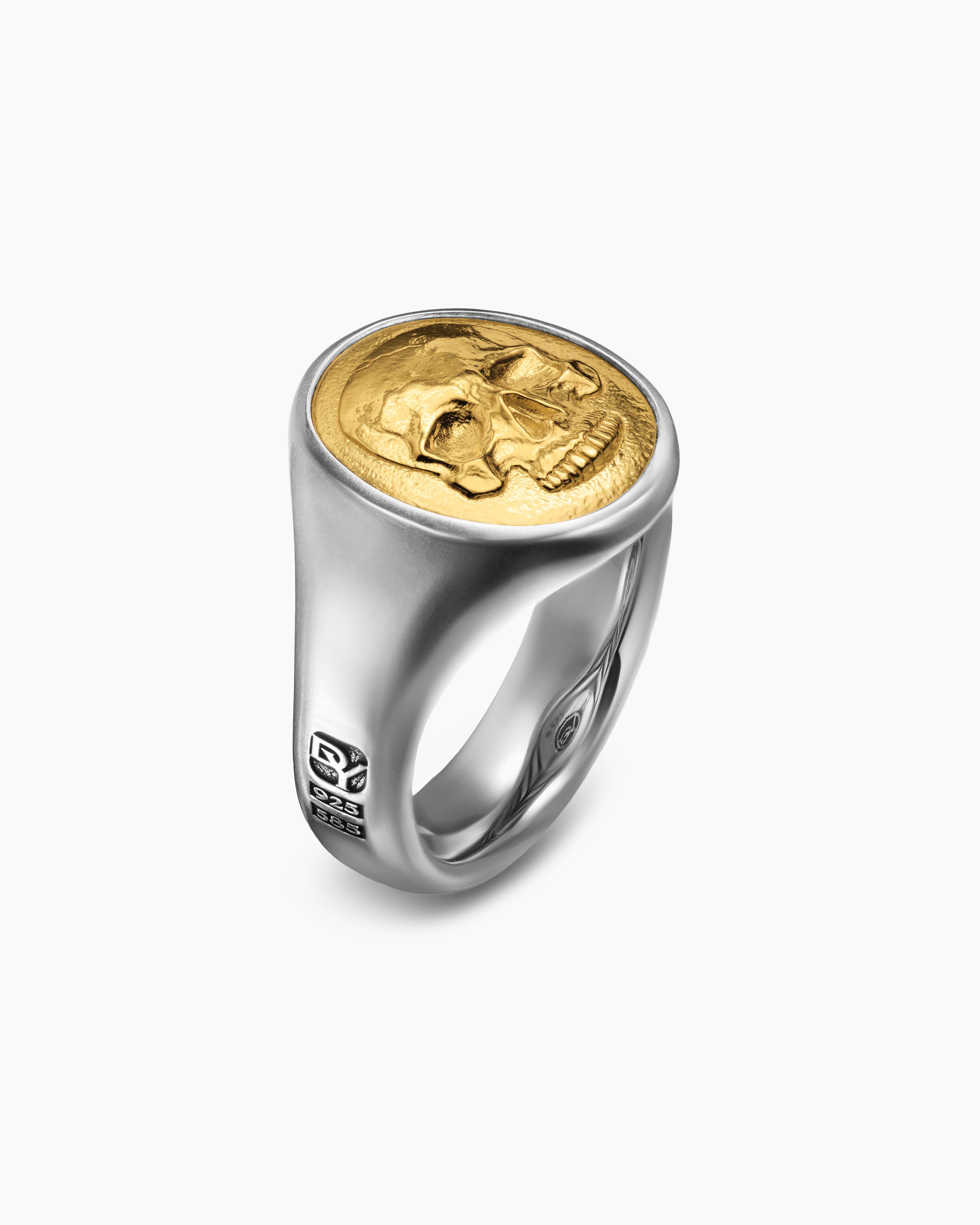 Mens Memento Mori Skull Ring in Sterling Silver with 14ct Yellow