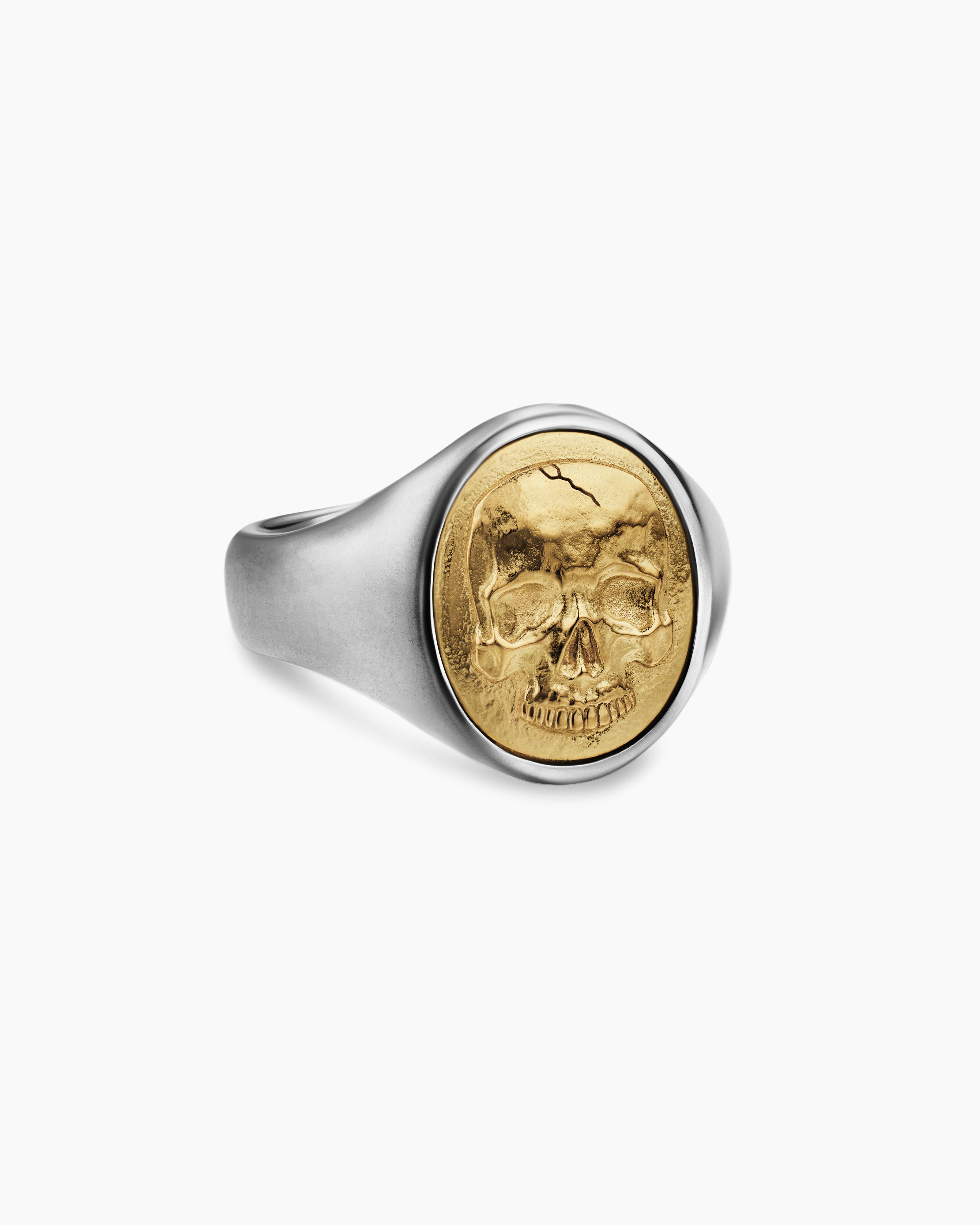 Mens Memento Mori Skull Ring in Sterling Silver with 14K Yellow Gold, 18.6mm