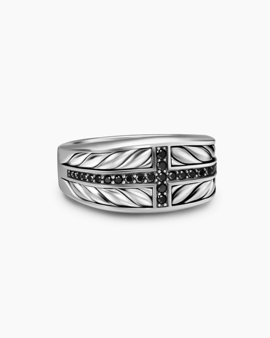 Chevron Three Sided Signet Ring in Sterling Silver with Black Diamonds, 12.5mm