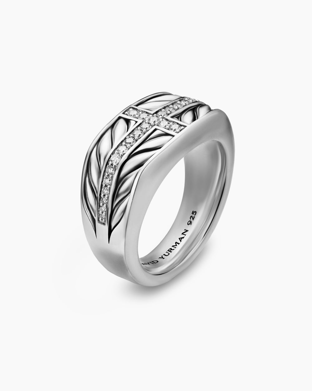 Mens Chevron Three Sided Signet Ring in Sterling Silver with Diamonds, 12.5mm