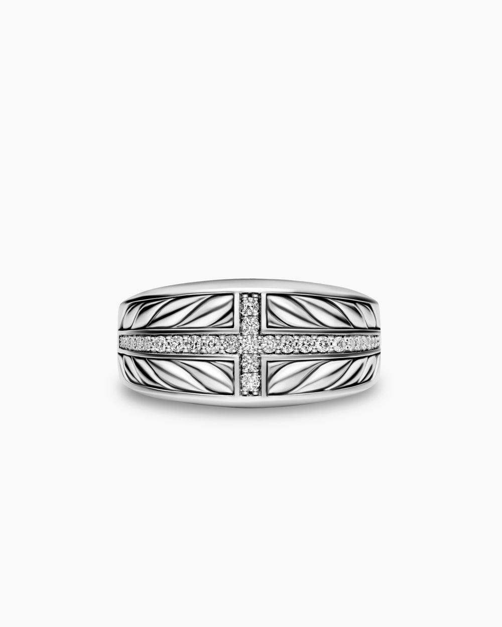 Mens Chevron Three Sided Signet Ring in Sterling Silver with Diamonds, 12.5mm