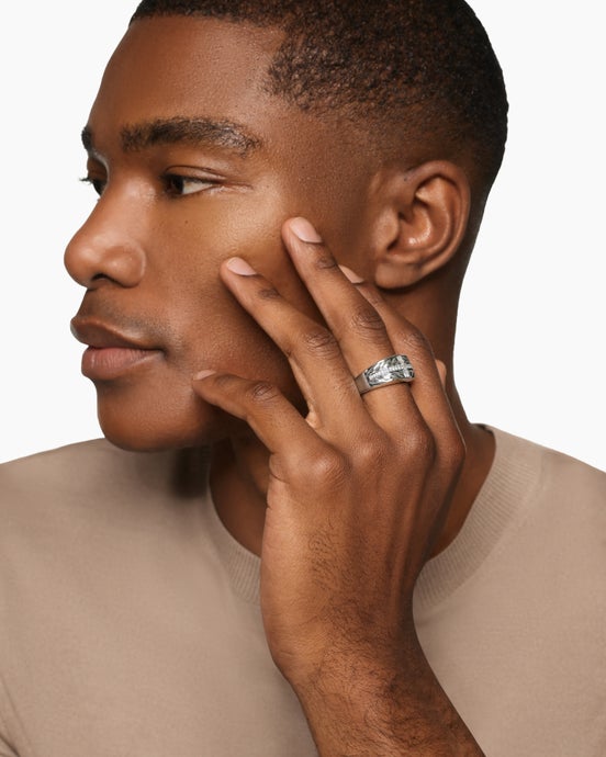 Chevron Three Sided Signet Ring in Sterling Silver with Diamonds, 12.5mm