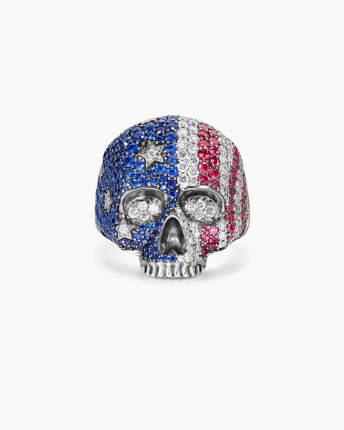 Mens American Flag Pavé Skull Ring in Sterling Silver, 25.3mm