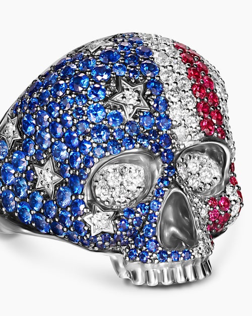 Mens American Flag Pavé Skull Ring in Sterling Silver, 25.3mm