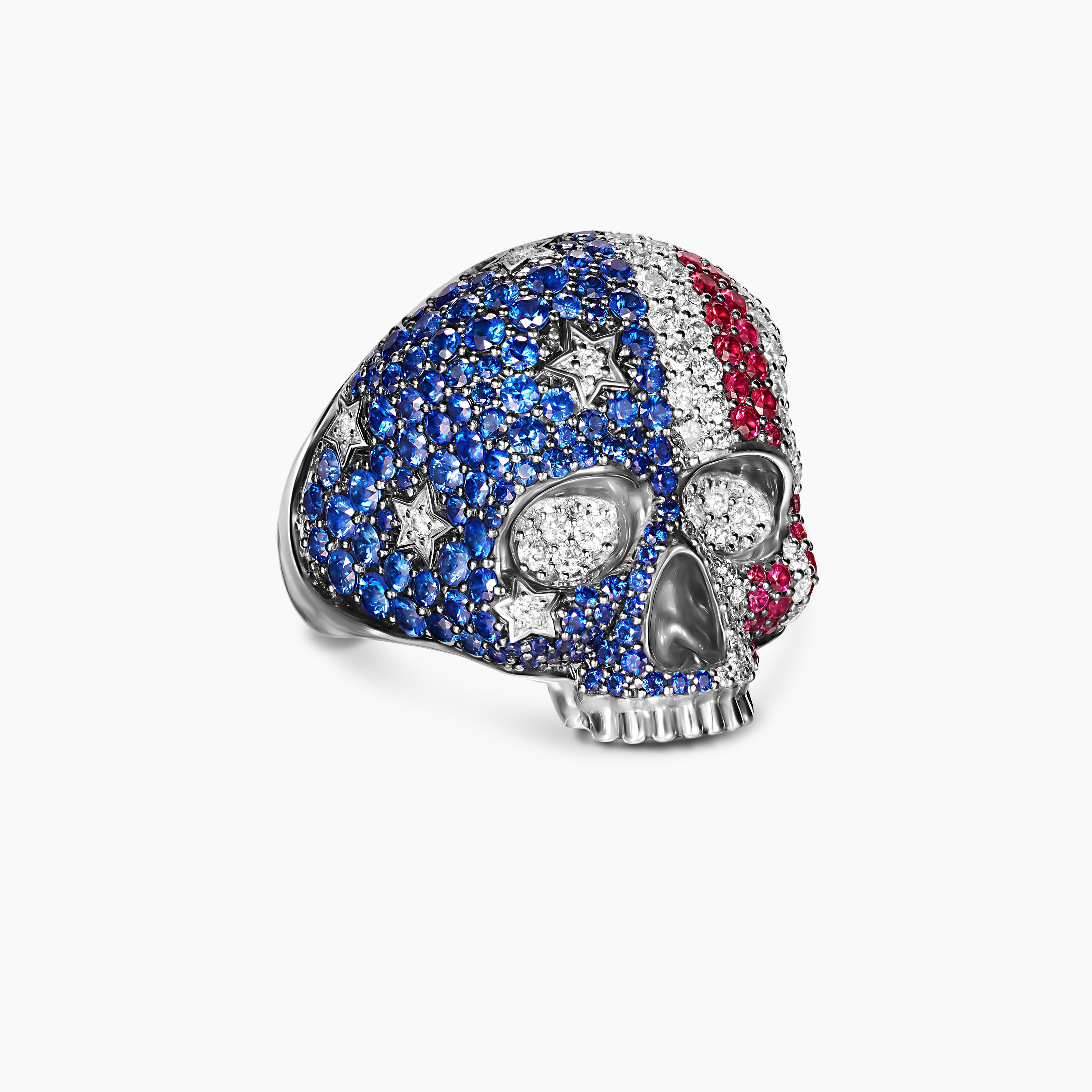 Mens American Flag Pav&eacute; Skull Ring in Sterling Silver, 25.3mm