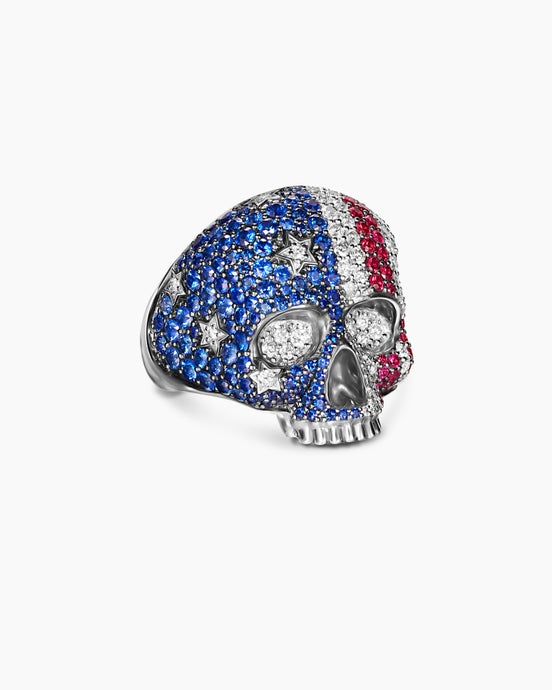 American Flag Pavé Skull Ring in Sterling Silver with Sapphires, Diamonds and Rubies, 25.3mm