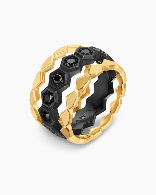 Mens Hex Stack Ring in Black Titanium with 18K Yellow Gold, 9.3mm
