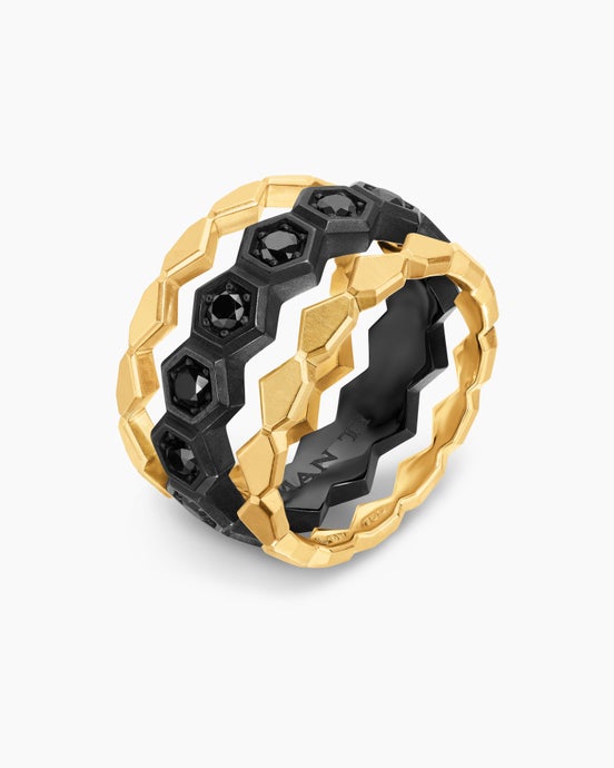 Bague à superposer Hex en titane noir avec or jaune 18 carats et diamants noirs, 9,3 mm