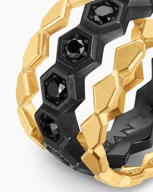 Mens Hex Stack Ring in Black Titanium with 18K Yellow Gold, 9.3mm