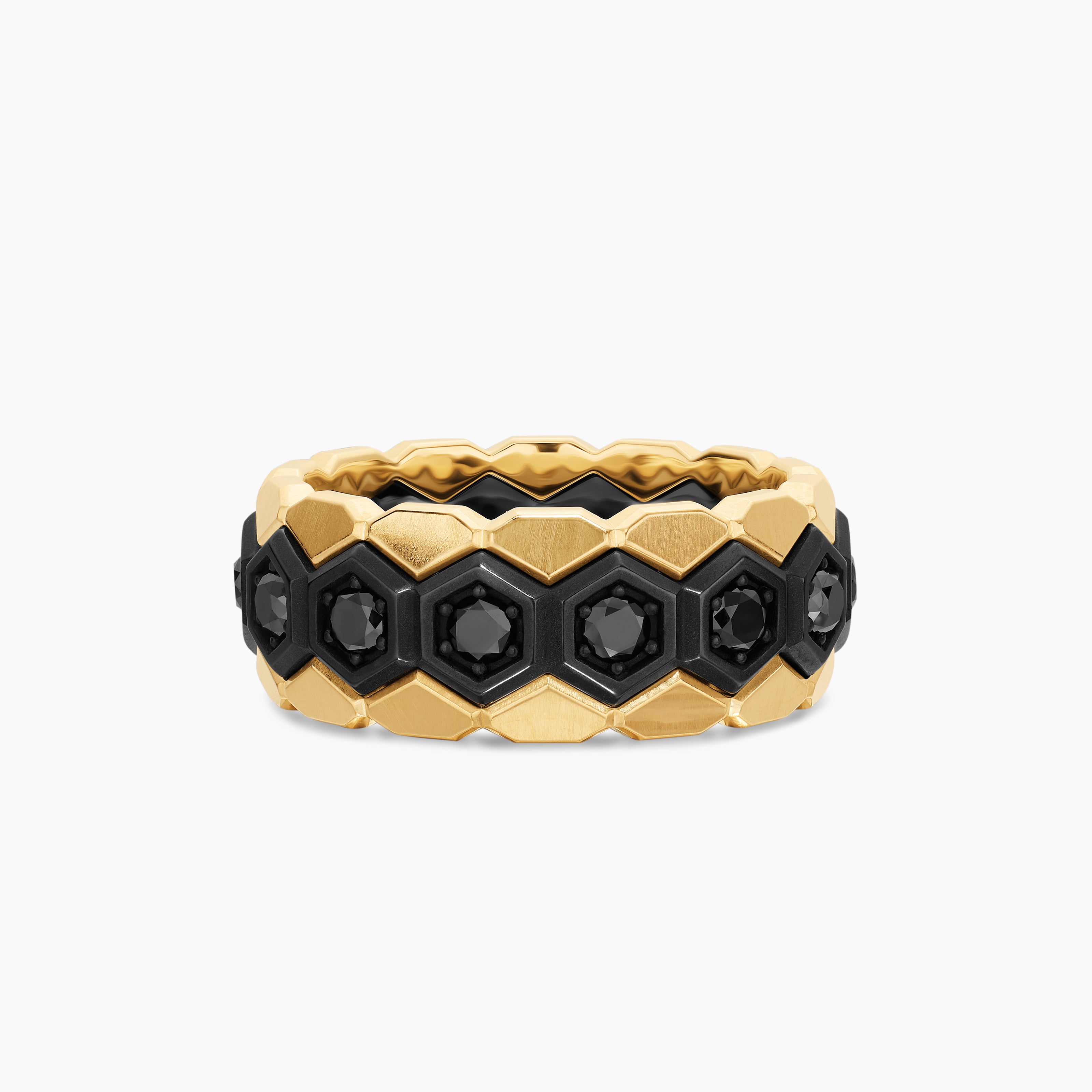 Mens Hex Stack Ring in Black Titanium with 18K Yellow Gold, 9.3mm