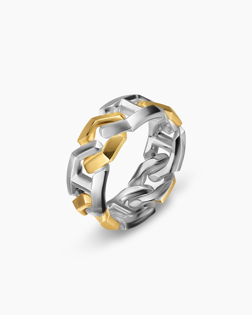 Mens Angular Curb Chain Band Ring in Sterling Silver with 14K Yellow Gold, 8.7mm