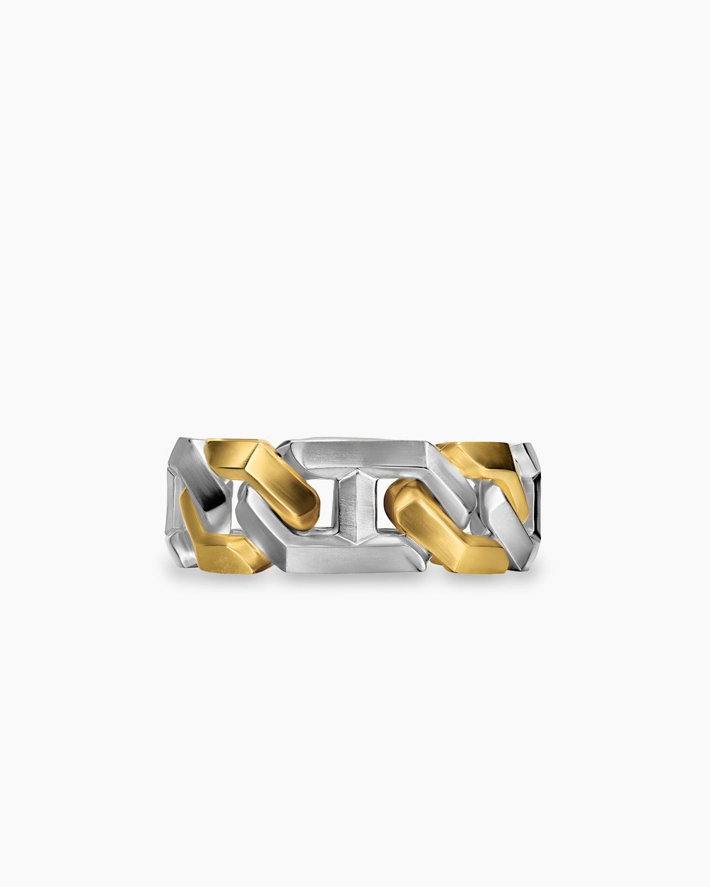 Mens Angular Curb Chain Band Ring in Sterling Silver with 14K Yellow Gold, 8.7mm